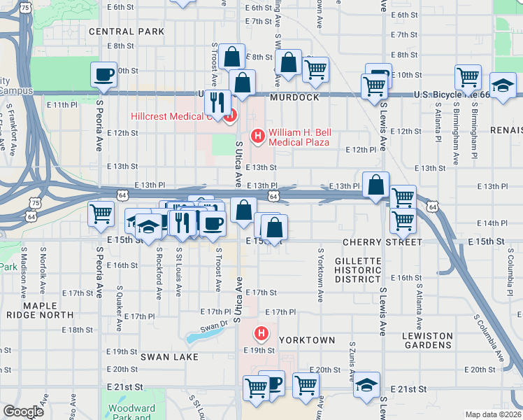 map of restaurants, bars, coffee shops, grocery stores, and more near 1736 East 14th Street in Tulsa