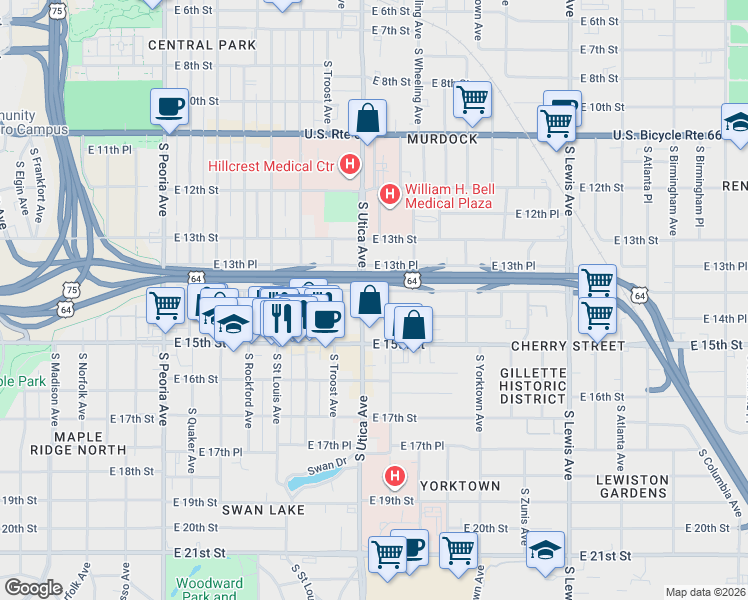 map of restaurants, bars, coffee shops, grocery stores, and more near in Tulsa