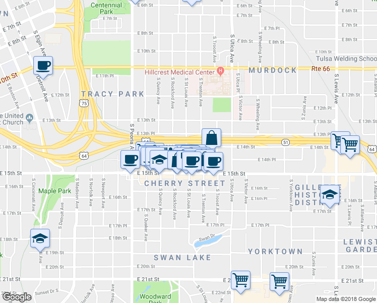 map of restaurants, bars, coffee shops, grocery stores, and more near 1508 East 14th Street in Tulsa