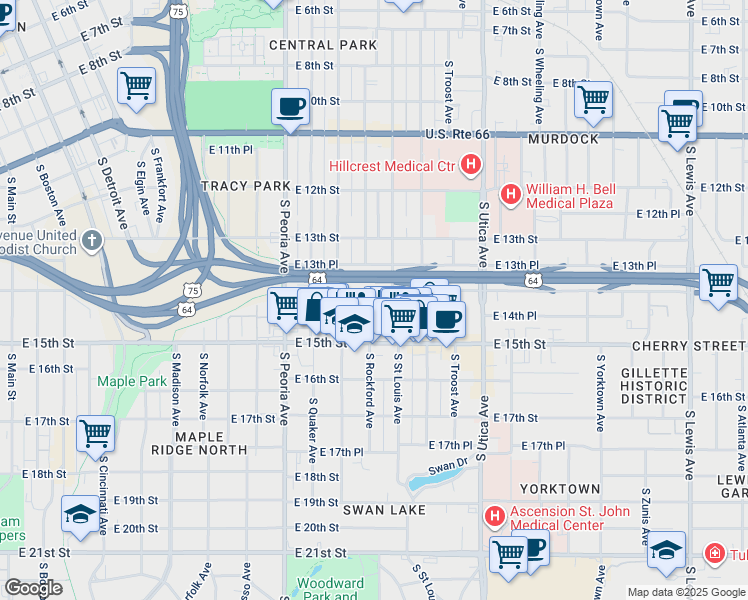 map of restaurants, bars, coffee shops, grocery stores, and more near 1508 East 14th Street in Tulsa