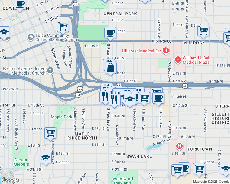 map of restaurants, bars, coffee shops, grocery stores, and more near 1401 South Quaker Avenue in Tulsa