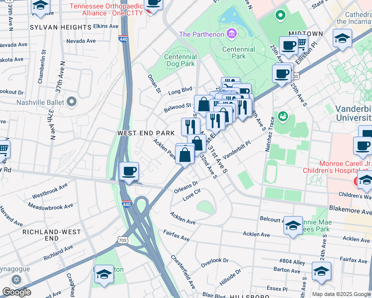 map of restaurants, bars, coffee shops, grocery stores, and more near 3106 Park Drive in Nashville