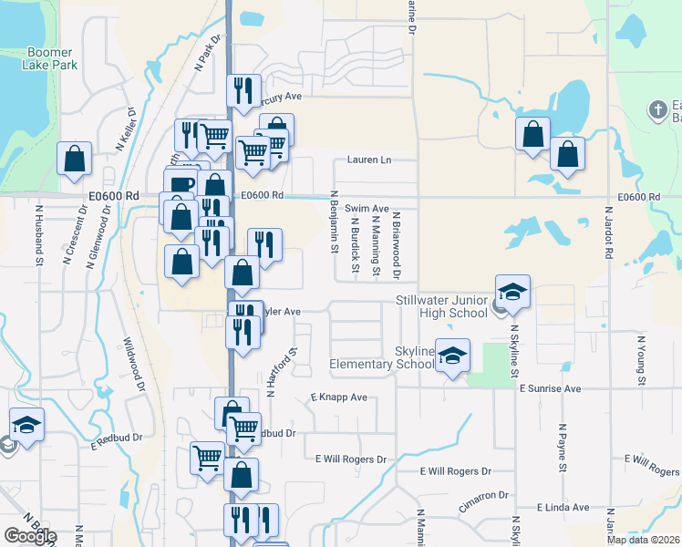 map of restaurants, bars, coffee shops, grocery stores, and more near 2020 North Benjamin Street in Stillwater