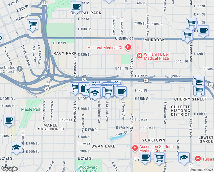 map of restaurants, bars, coffee shops, grocery stores, and more near 1407 South Saint Louis Avenue in Tulsa