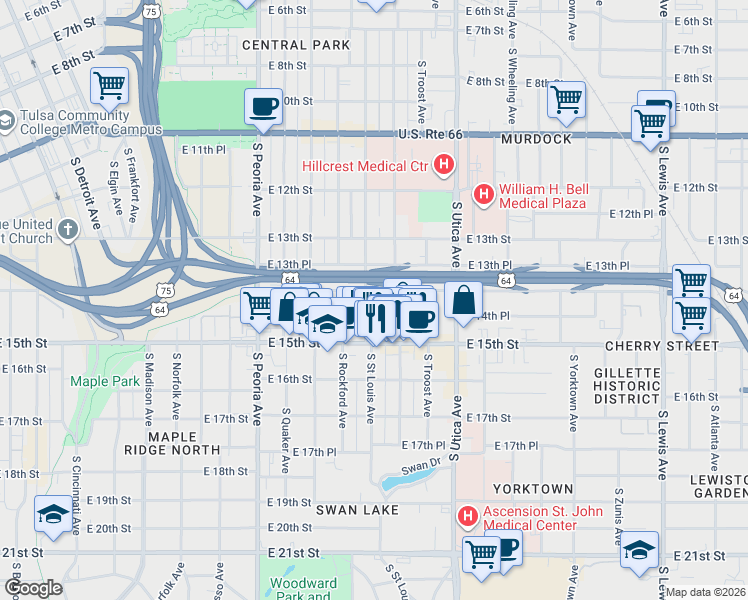 map of restaurants, bars, coffee shops, grocery stores, and more near South Trenton Avenue in Tulsa