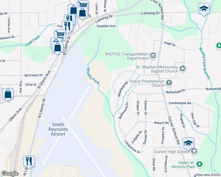 map of restaurants, bars, coffee shops, grocery stores, and more near 2924 Bainbridge Drive in Winston-Salem