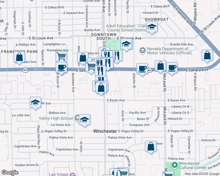 map of restaurants, bars, coffee shops, grocery stores, and more near 2430 Old Forge Lane in Las Vegas