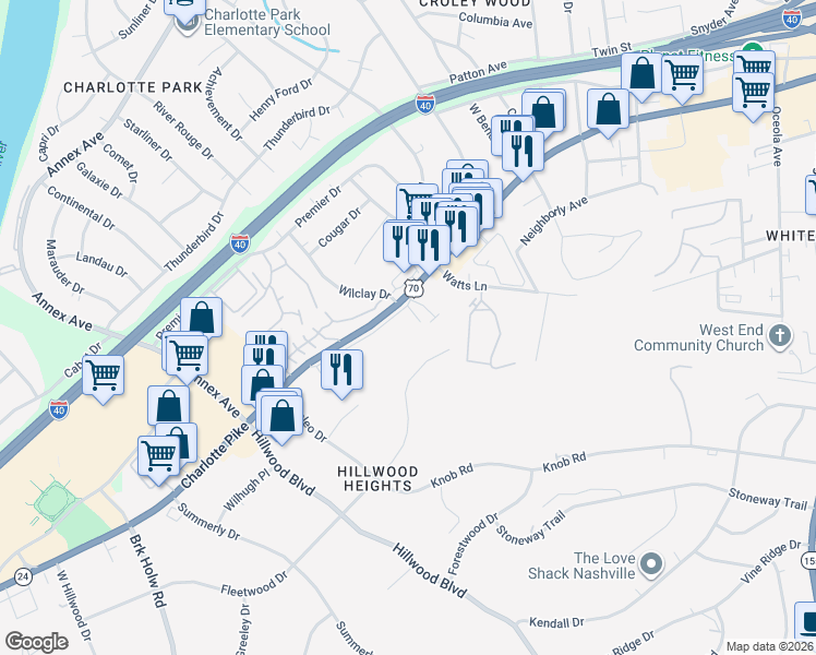 map of restaurants, bars, coffee shops, grocery stores, and more near 6415 Charlotte Road Circle in Nashville