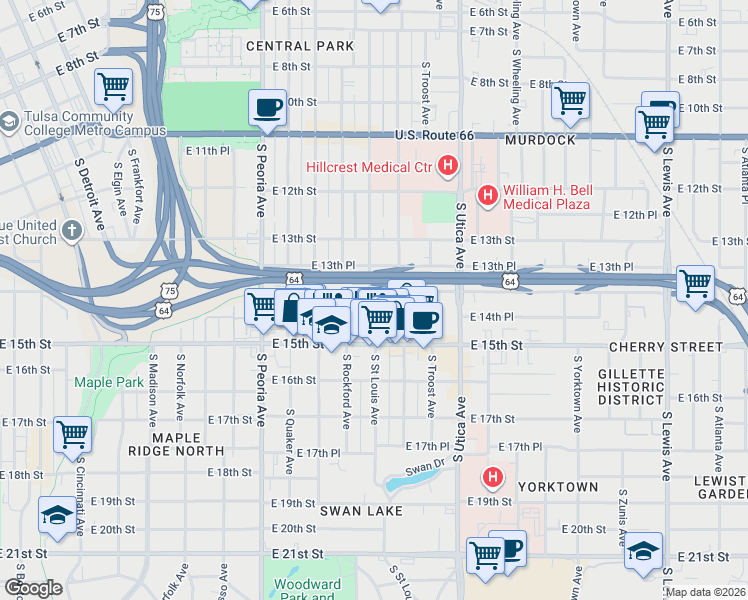 map of restaurants, bars, coffee shops, grocery stores, and more near 1508 East 14th Street in Tulsa