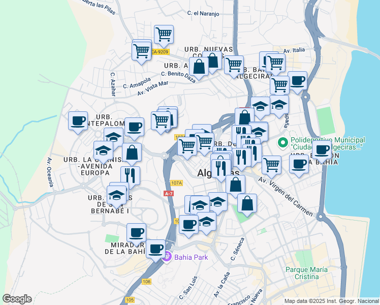 map of restaurants, bars, coffee shops, grocery stores, and more near 9 Calle Verdiales in Algeciras