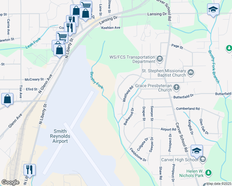 map of restaurants, bars, coffee shops, grocery stores, and more near 2924 Bainbridge Drive in Winston-Salem
