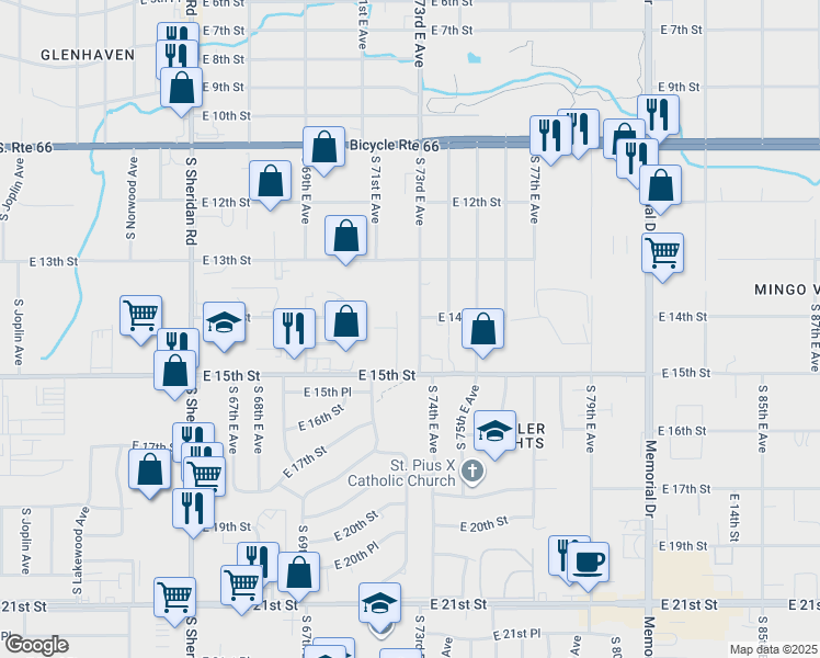 map of restaurants, bars, coffee shops, grocery stores, and more near 1404 South 73rd East Avenue in Tulsa