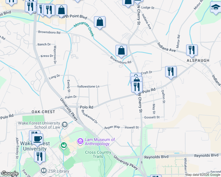 map of restaurants, bars, coffee shops, grocery stores, and more near 841 Delmonte Drive Northwest in Winston-Salem