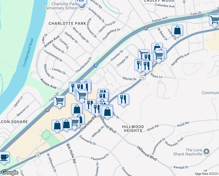 map of restaurants, bars, coffee shops, grocery stores, and more near 6535 Premier Drive in Nashville