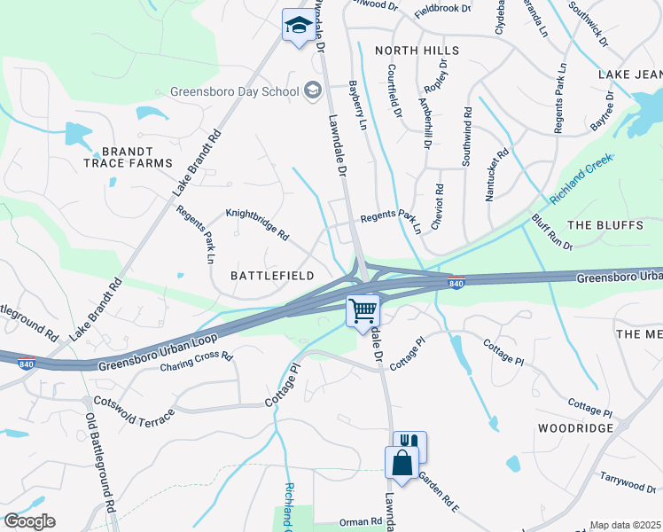 map of restaurants, bars, coffee shops, grocery stores, and more near 3221 Regents Park Lane in Greensboro