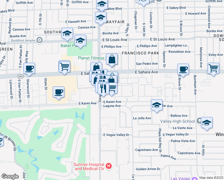 map of restaurants, bars, coffee shops, grocery stores, and more near 2620 South Maryland Parkway in Las Vegas