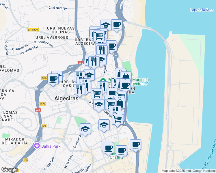 map of restaurants, bars, coffee shops, grocery stores, and more near 1 Calle Hermanos Portilla in Algeciras