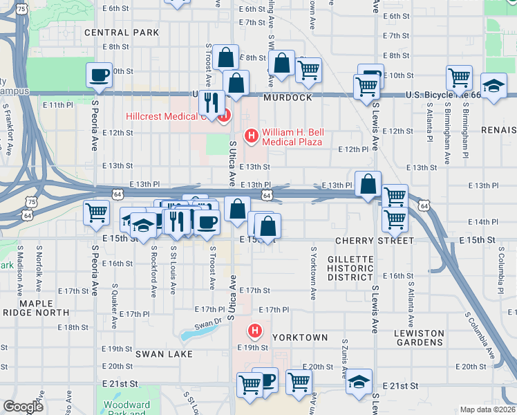 map of restaurants, bars, coffee shops, grocery stores, and more near 1736 East 14th Street in Tulsa