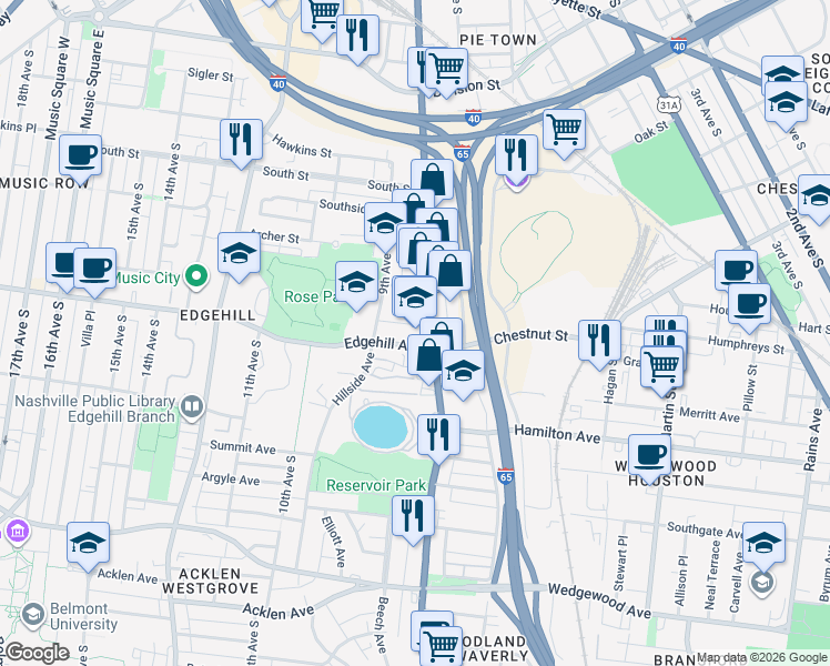 map of restaurants, bars, coffee shops, grocery stores, and more near 1125 8th Avenue South in Nashville