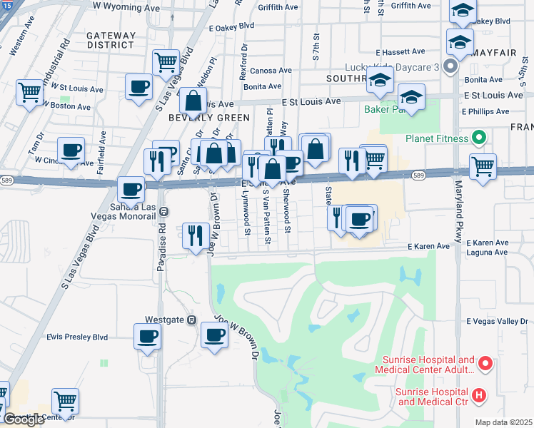 map of restaurants, bars, coffee shops, grocery stores, and more near 2575 South Van Patten Street in Las Vegas