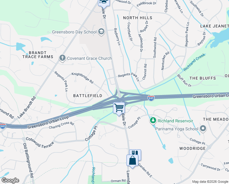 map of restaurants, bars, coffee shops, grocery stores, and more near 5005 Lawndale Drive in Greensboro
