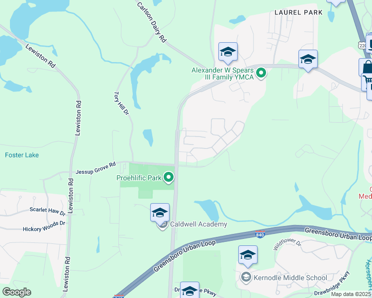 map of restaurants, bars, coffee shops, grocery stores, and more near 3012 Dressage Drive in Greensboro