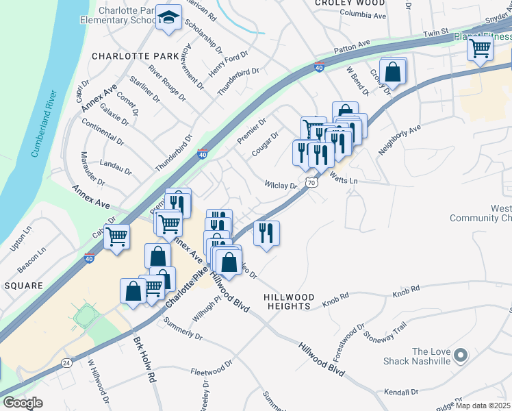 map of restaurants, bars, coffee shops, grocery stores, and more near 6430 Charlotte Pike in Nashville