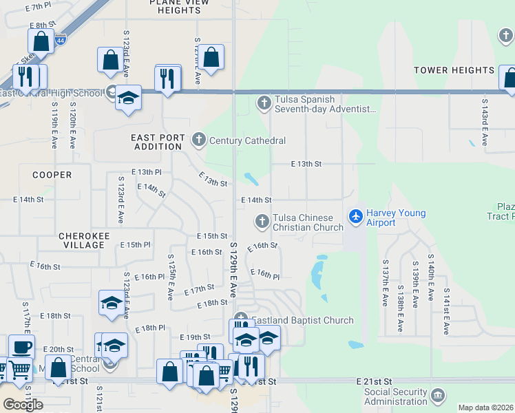 map of restaurants, bars, coffee shops, grocery stores, and more near 12948 East 14th Street in Tulsa