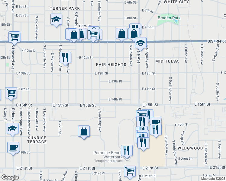 map of restaurants, bars, coffee shops, grocery stores, and more near 4435 East 14th Street in Tulsa