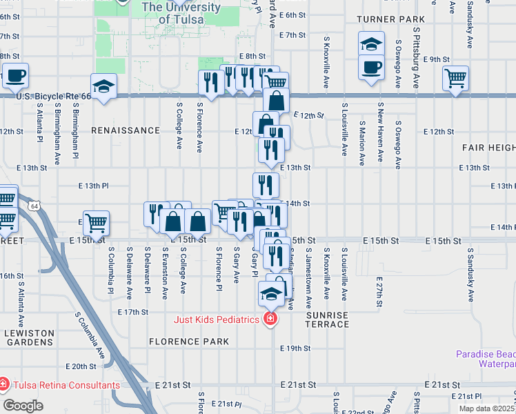 map of restaurants, bars, coffee shops, grocery stores, and more near 1348 South Gary Place in Tulsa