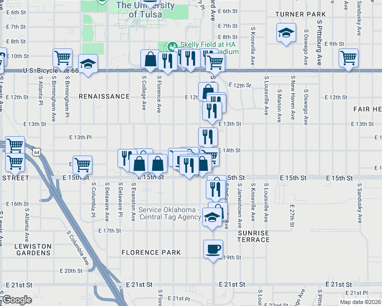 map of restaurants, bars, coffee shops, grocery stores, and more near 1348 South Gary Place in Tulsa