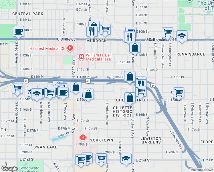 map of restaurants, bars, coffee shops, grocery stores, and more near 2004 South Xanthus Place in Tulsa