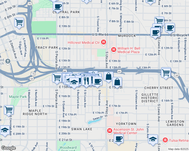 map of restaurants, bars, coffee shops, grocery stores, and more near 1404 East 14th Street in Tulsa