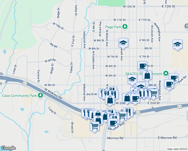 map of restaurants, bars, coffee shops, grocery stores, and more near 505 West 5th Street in Sand Springs