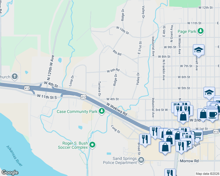 map of restaurants, bars, coffee shops, grocery stores, and more near 419 Terrace Drive in Sand Springs