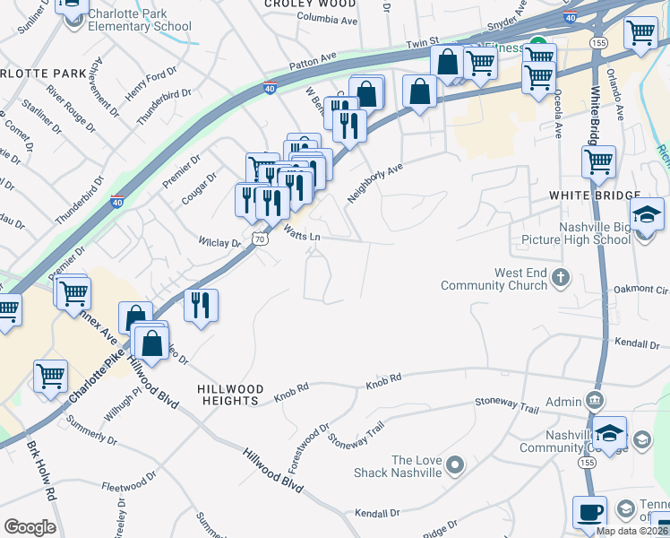 map of restaurants, bars, coffee shops, grocery stores, and more near 913 Watts Circle in Nashville