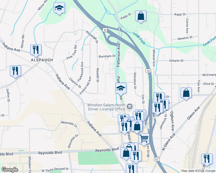 map of restaurants, bars, coffee shops, grocery stores, and more near 3700 Patterson Avenue in Winston-Salem