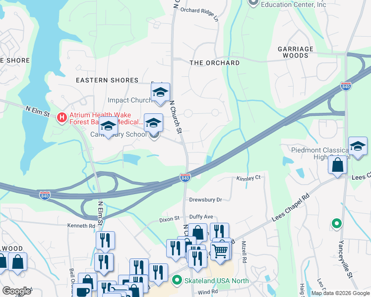 map of restaurants, bars, coffee shops, grocery stores, and more near 4600 North Church Street in Greensboro