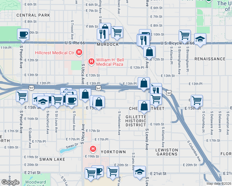 map of restaurants, bars, coffee shops, grocery stores, and more near 2004 South Xanthus Place in Tulsa