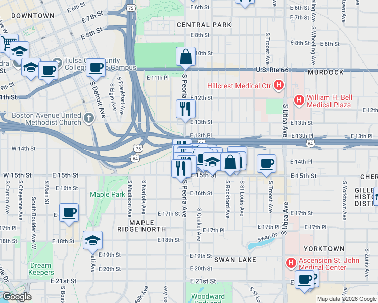 map of restaurants, bars, coffee shops, grocery stores, and more near 1402 South Peoria Avenue in Tulsa