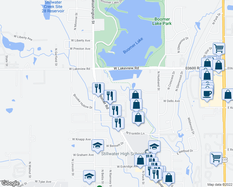 map of restaurants, bars, coffee shops, grocery stores, and more near 619 West Highpoint Drive in Stillwater