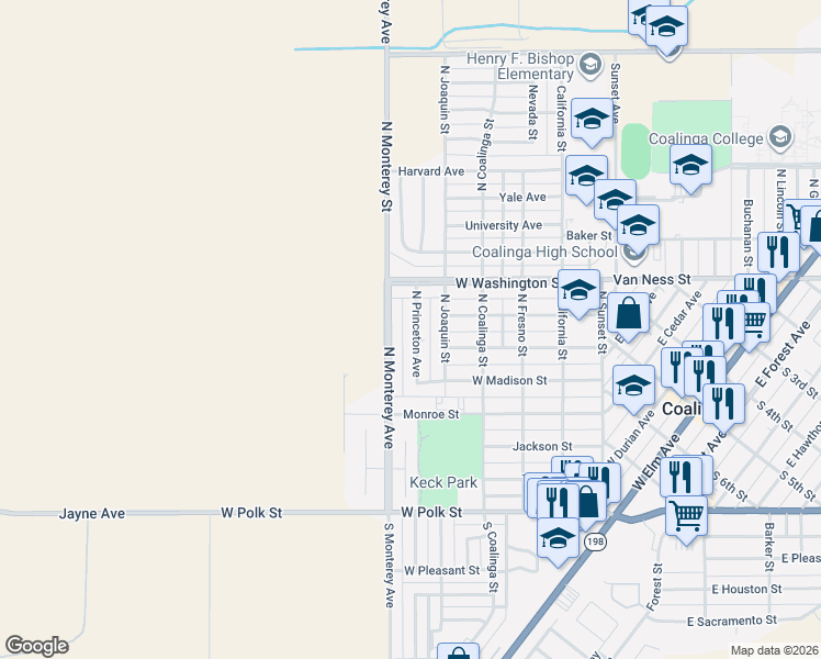 map of restaurants, bars, coffee shops, grocery stores, and more near 655 North Princeton Avenue in Coalinga