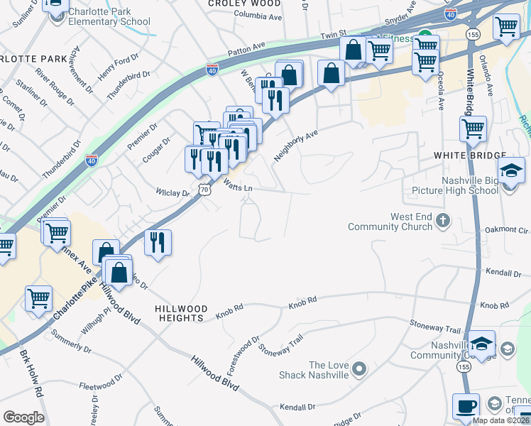 map of restaurants, bars, coffee shops, grocery stores, and more near 913 Watts Circle in Nashville