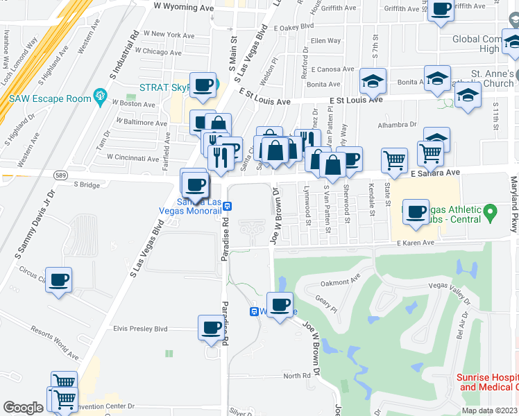 map of restaurants, bars, coffee shops, grocery stores, and more near 222 Karen Avenue in Las Vegas