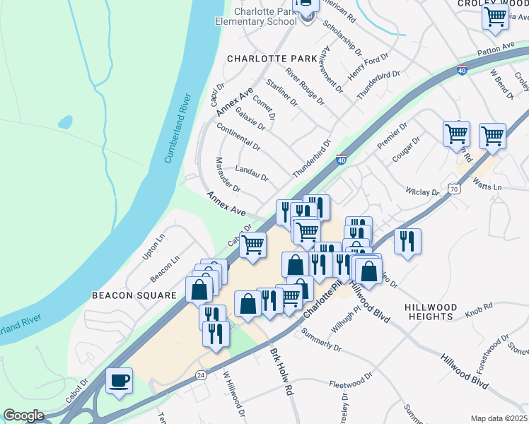 map of restaurants, bars, coffee shops, grocery stores, and more near 6536 Thunderbird Drive in Nashville