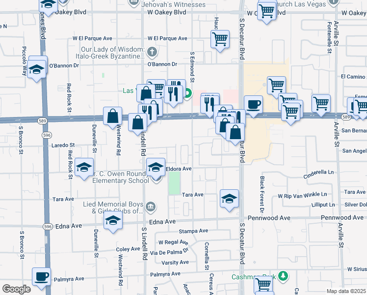 map of restaurants, bars, coffee shops, grocery stores, and more near 2635 Rimpacific Circle in Las Vegas