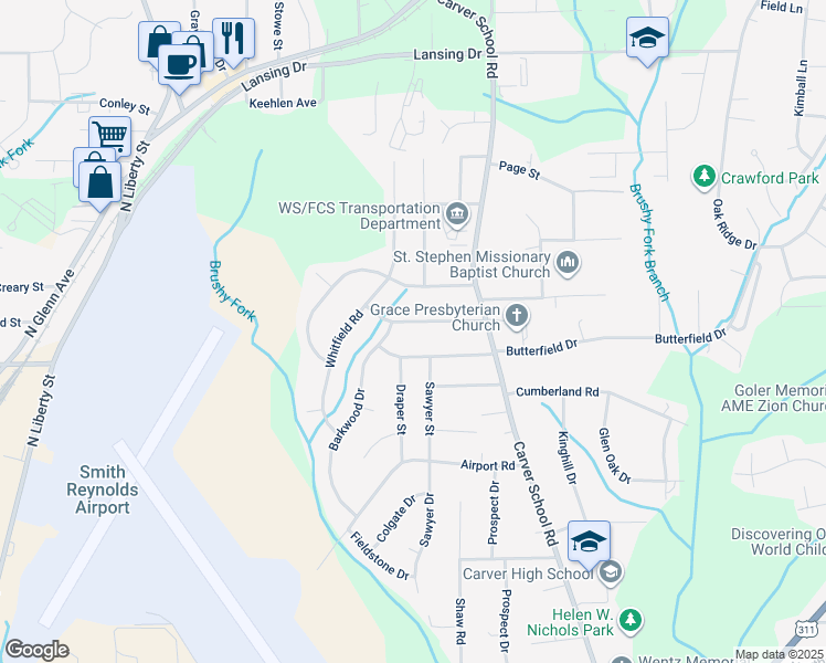 map of restaurants, bars, coffee shops, grocery stores, and more near 3130 Woodfin Place in Winston-Salem