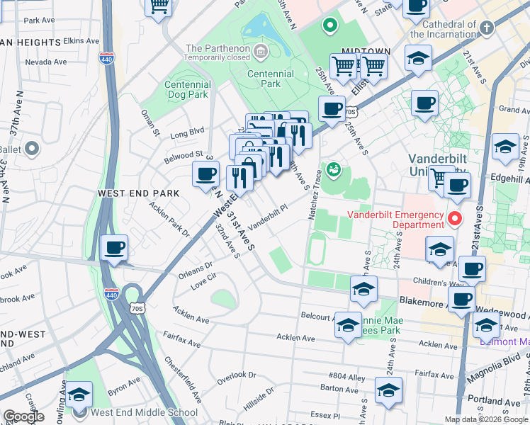 map of restaurants, bars, coffee shops, grocery stores, and more near 3000 Vanderbilt Place in Nashville