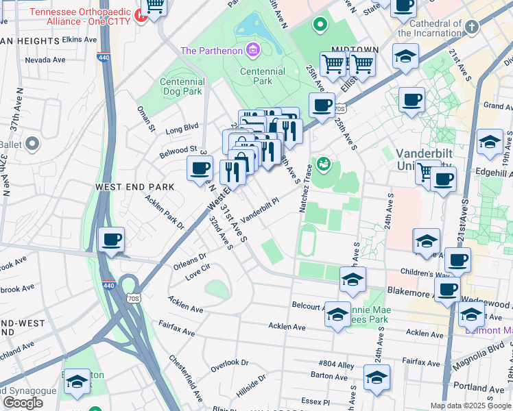 map of restaurants, bars, coffee shops, grocery stores, and more near 3000 Vanderbilt Place in Nashville