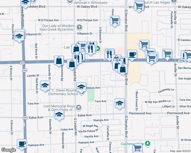 map of restaurants, bars, coffee shops, grocery stores, and more near 2635 Rimpacific Circle in Las Vegas